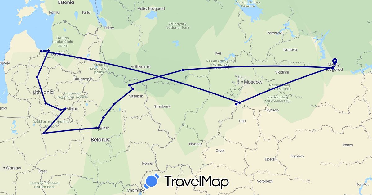 TravelMap itinerary: driving in Belarus, Lithuania, Latvia, Russia (Europe)