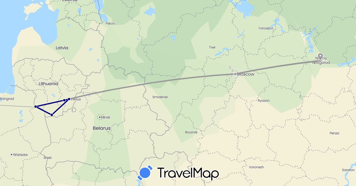 TravelMap itinerary: driving, plane in Lithuania, Poland, Russia (Europe)